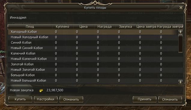 Изменение параметров закупки плодов